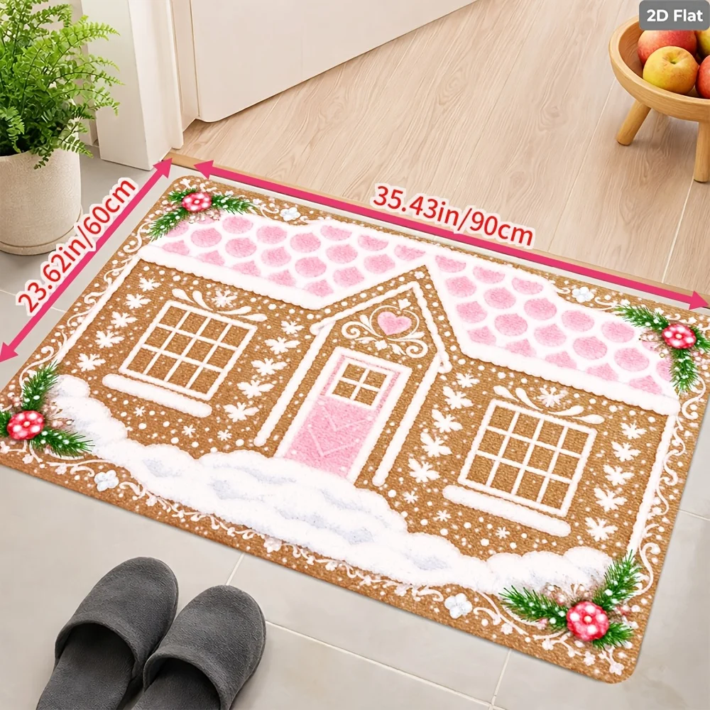 Christmas Gingerbread House Pink Snow Floor Doormat Cute Holiday Entrance Welcome Carpet