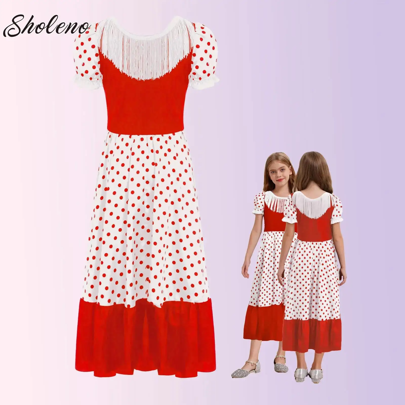 

Girl Bullfight Performance Dancing Dress Kids Flamenco Dance Halloween Performance Costume Tassels Dots Color Block Dress