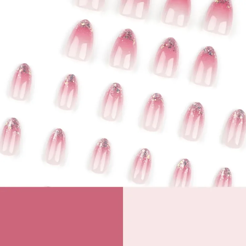 24pcs Oval Medium Glitter Sequins Detachable Finished False Nails Press on Nails with Glue Pink Gradient French Short Fake Nails