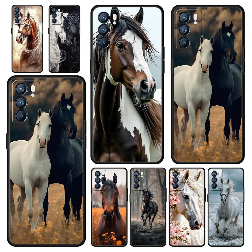 Coque de chevaux au galop noir et blanc, pour Oppo Reno13 Reno12 Reno11 F Reno10 Pro A54 5G Find X5 A53 A52 A9 A17 4G A79 A80 A98