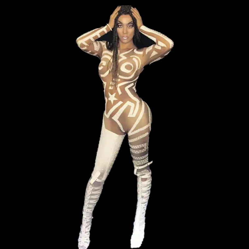 Nightclub Singer Costume Women Sexy Jumpsuit White Sparkling Rhinestones Bodysuit Party Stage Wear Costume Dance Singer Wear