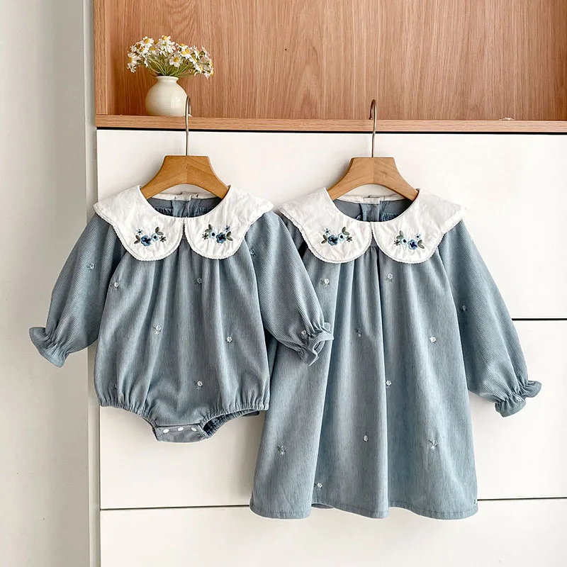 2025 New Autumn Children Clothes 2-6Yrs Girl Party Dress Long Sleeved Corduroy Embroidery Baby Girl Romper Kids Princess Dresses