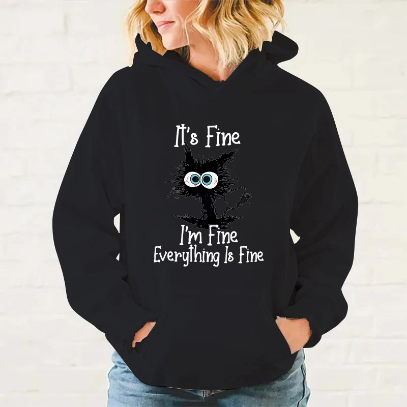 y2k hoodies Hot Sale Autumn And Winter Fashion Long-Sleeved Sweater It\'S Fine I\'M Fine Everything Is Fine Cat Outdoor Sports top