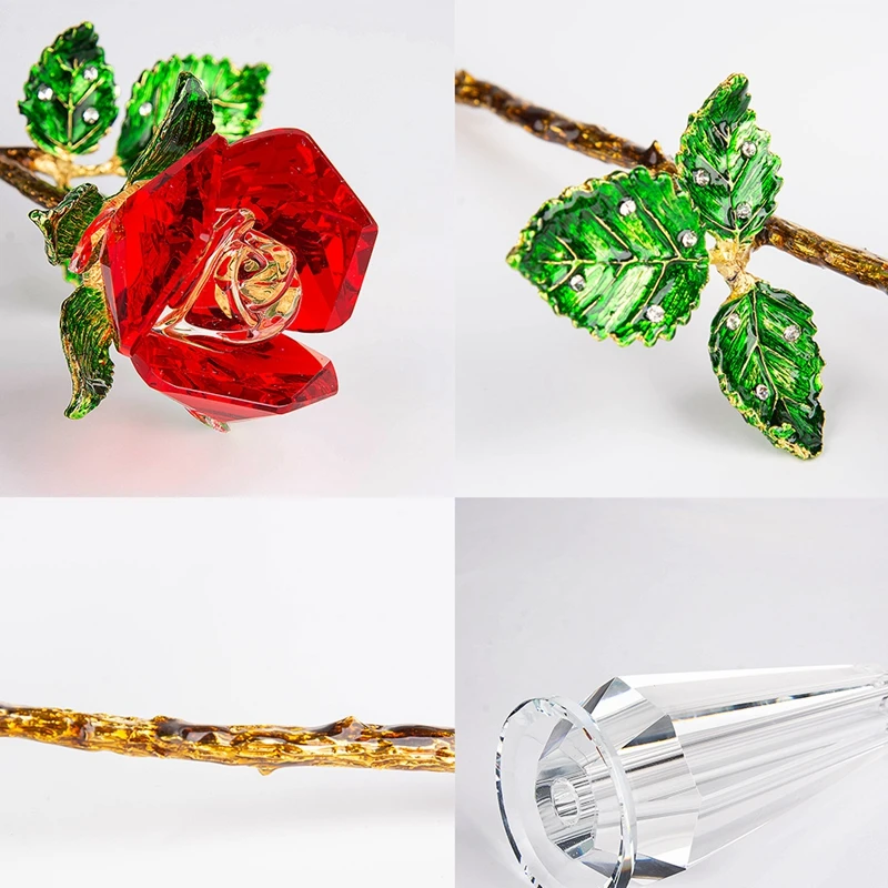 7-Farben-Kristall-Rosenvase-Figur, goldene grüne Blätter, Rose, Ornament, Heimdekoration, Geburtstag, Hochzeit, Geschenk – Detail 4