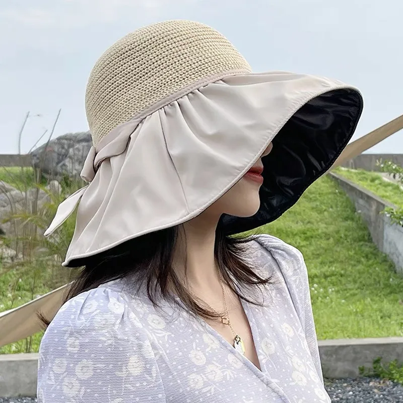 

Sun hat women summer new fashion light luxury high sense large eave vinyl fisherman hat bow face sunscreen visor