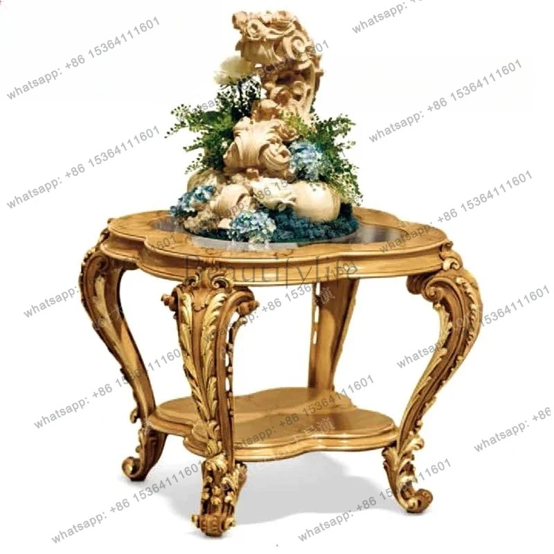 European court solid wood carving flower coffee table living room French art shell parquet high-end furniture