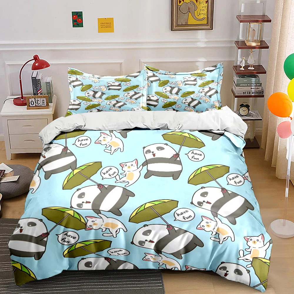 Cartoon pandas and cats playing with umbrellas Duvet Cover Set Digital Print Colorful Polyester Bedding with Zipper Closur