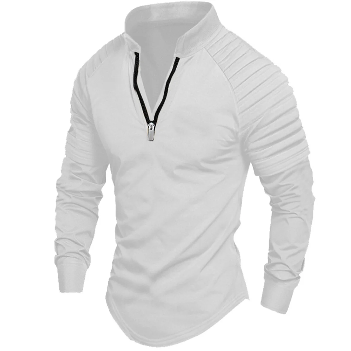 

Spring and Autumn Men's Outdoor High Street Style Solid Color Zipper Arm Wrinkle Design Muscle Sports Long Sleeve POLO shirt