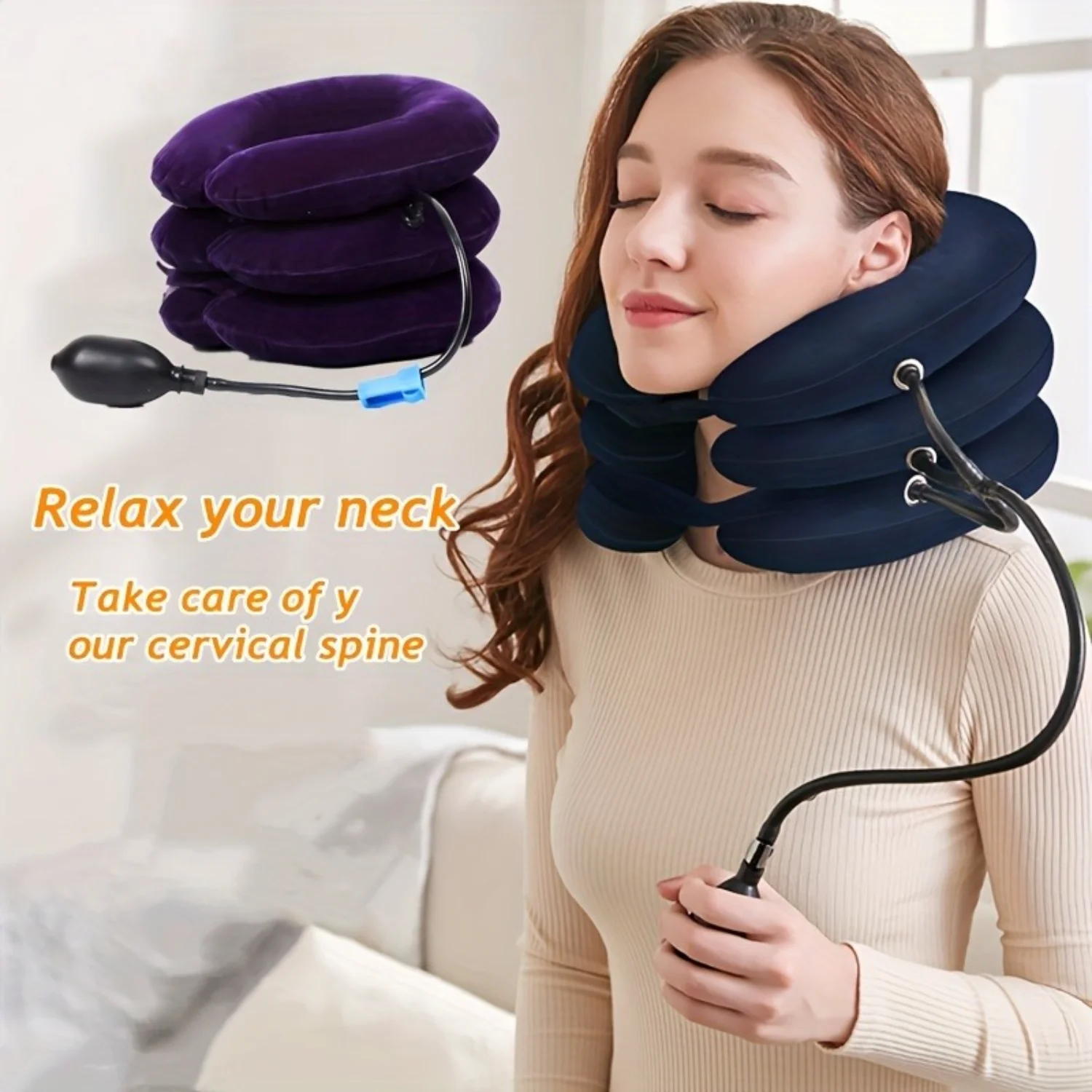 

Thick Inflatable Neck Stretcher and Traction Device for Travel with Massage and Relaxation - One Piece Neck Stretch Pillow for U