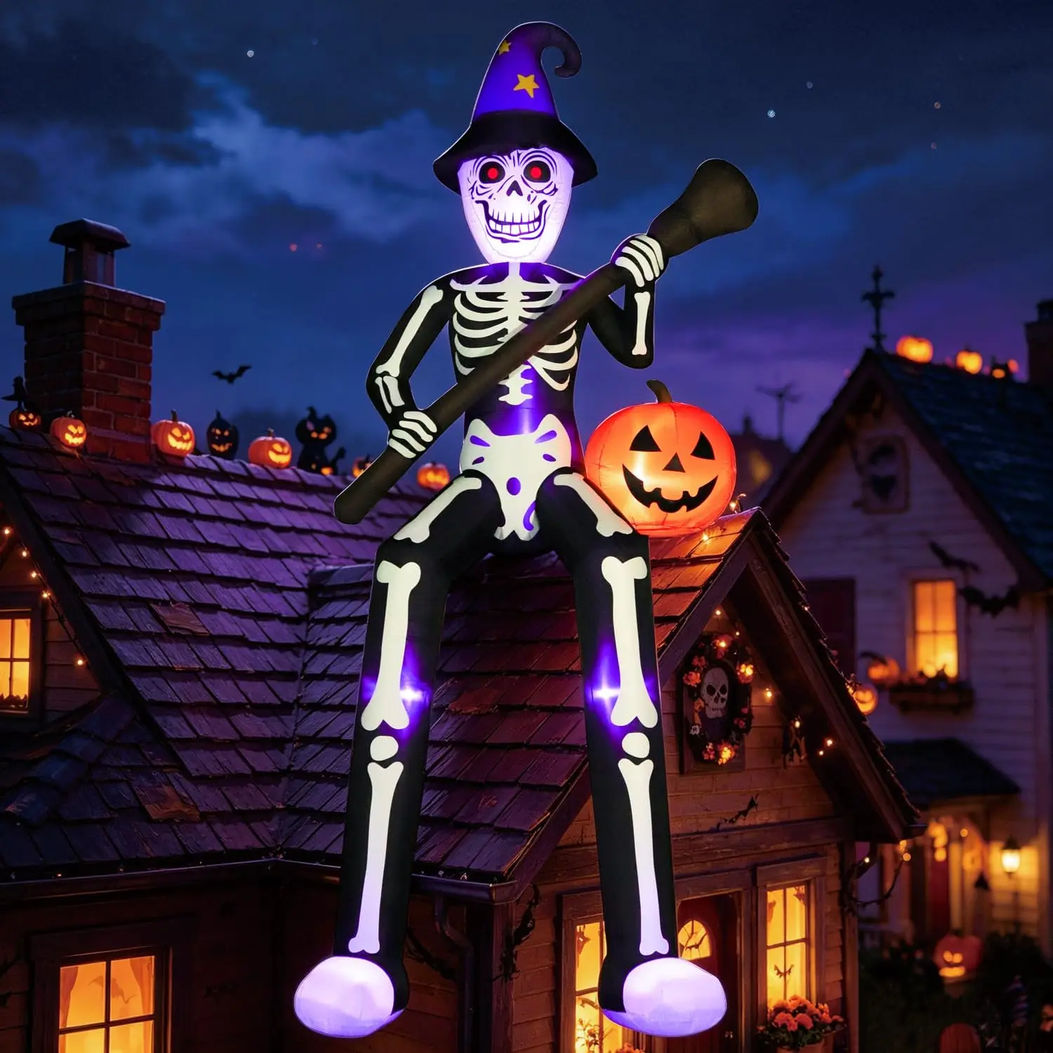 12 FT Giant Halloween Outdoor Inflatable Decoration, Skeleton Wizard Blow-Up with Broom and Pumpkin, Built-in LED Lights for Yard, Lawn, Garden and Party Decor