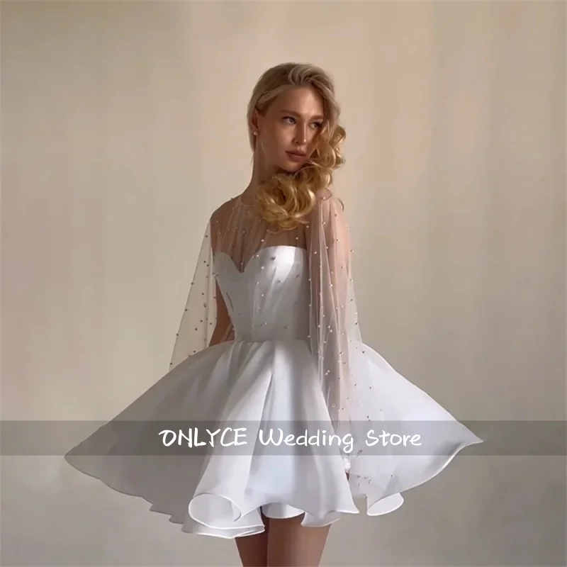 Romantic A Line Mini Wedding Dress O Neck Full Sleeves With Pearls Organza Tiered After Party Gown Women vestidos de novia
