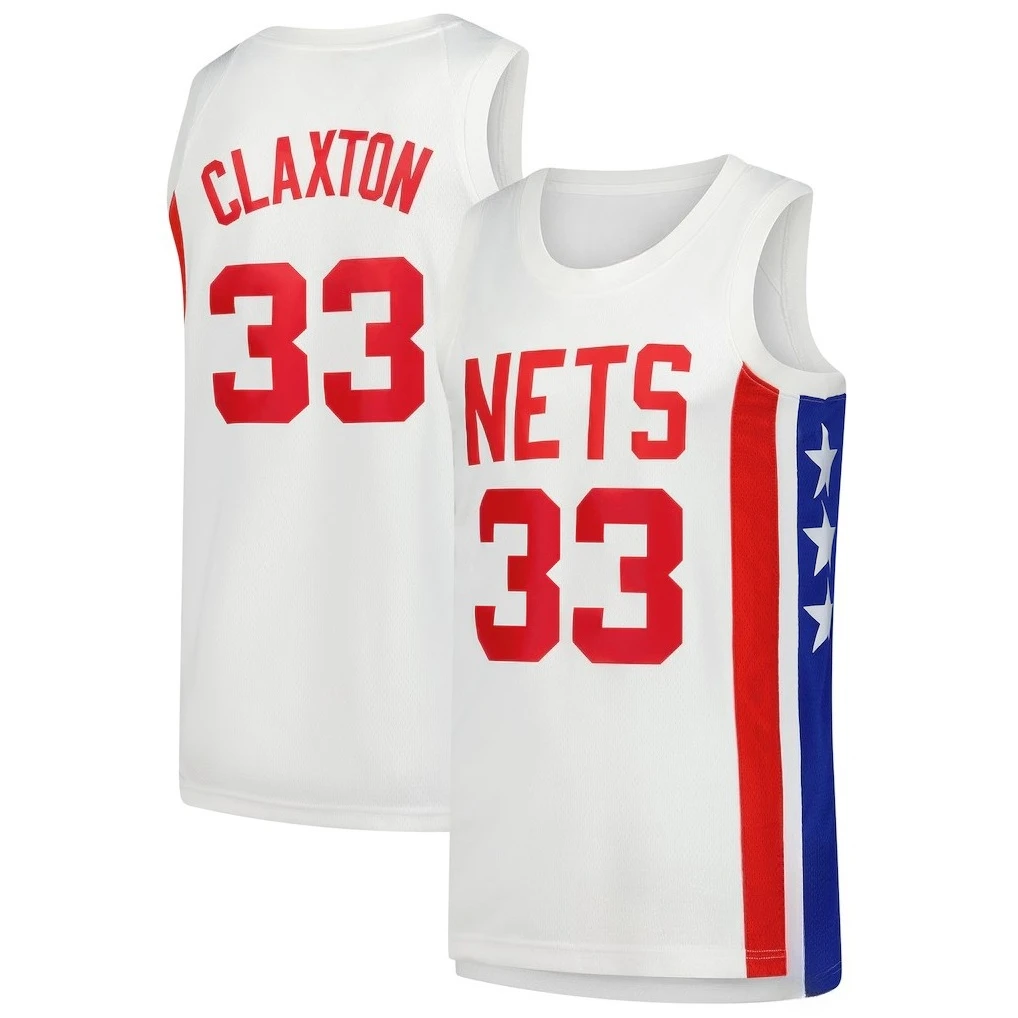جيرسي كرة السلة - أبيض مع لمسات حمراء وزرقاء "كلكستون 33" "NETS" شعار ريترو ستار مخطط تصميم رياضي جيرسي