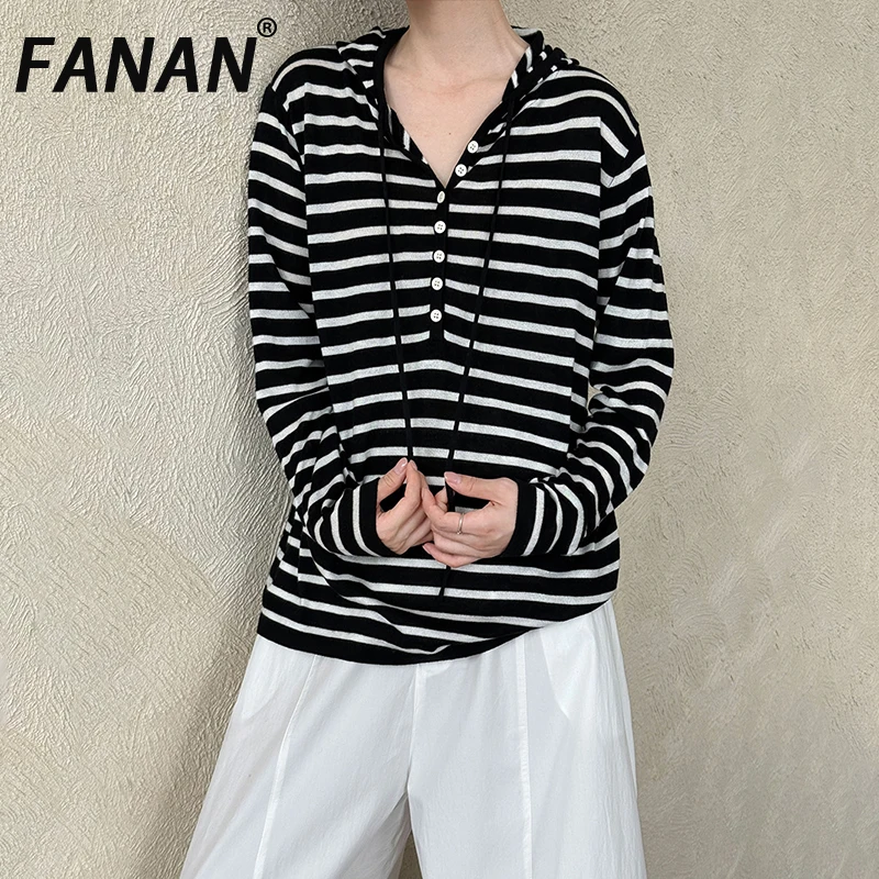 

FANAN Striped Contrast Color Knitting Sweater For Women Hooded Long Sleeve Drawstring Loose Pullover Tops 2025 Autumn New