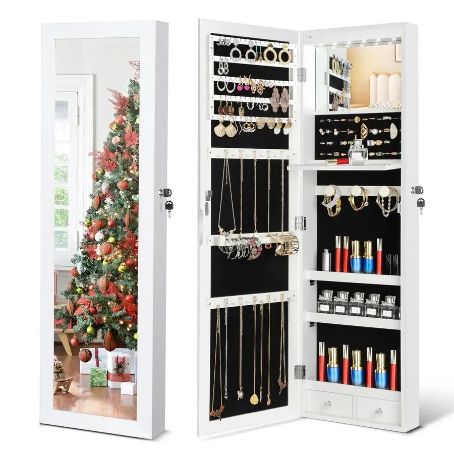 

Органайзер для ювелирных изделий, настенный шкаф для ювелирных изделий на дверях с зеркалом в полный рост, подвесной шкаф для ювелирных изделий со светодиодной подсветкой, W