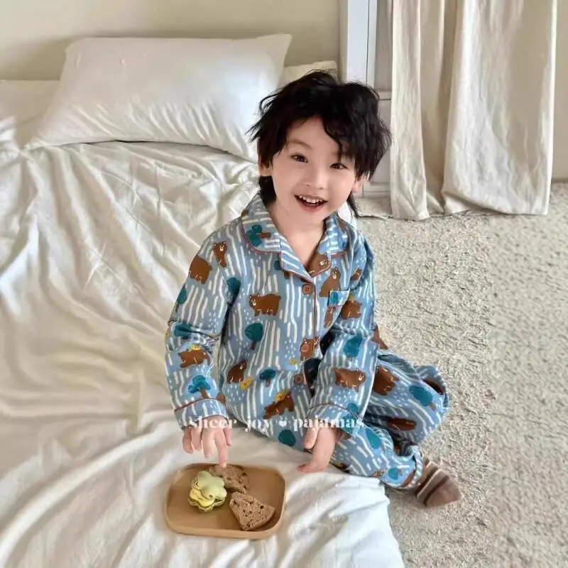Children's Spring and Autumn New Long Sleeved Pants Pajama Cardigan Cartoon Bear Summer Pajama Children's Boys Home Clothes