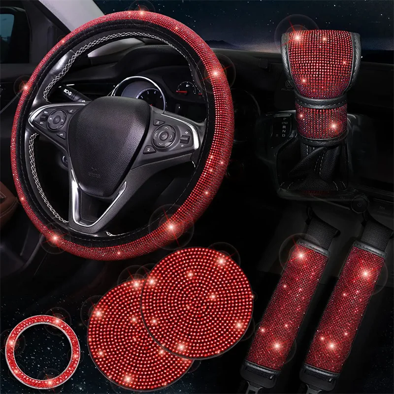 

7pcs Car Steering Wheel Covers Rhinestone Auto Handlebar Cover Glitter Crystal Diamond Bling Car Interior Styling Decoration