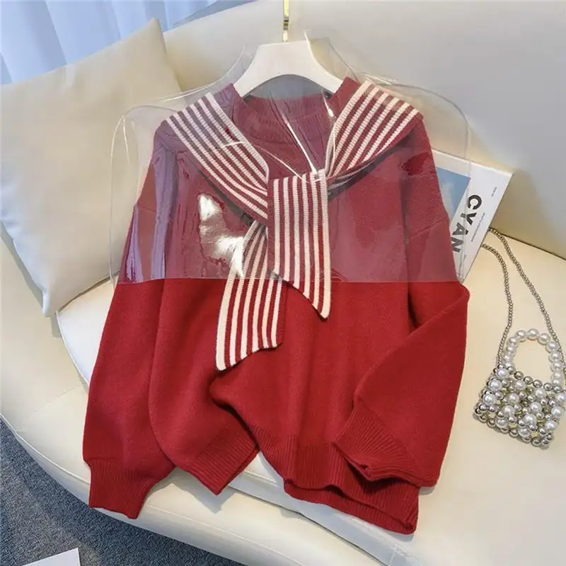 Oversized Women's Design with Striped Patchwork Shawl Sweater Japanese Lazy Retro 2023 Autumn New Winter Knit