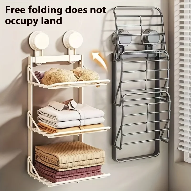 

Stainless Steel and Plastic No-drill Suction Cup Bathroom Organizer Triangular Folding Shelf, Space-saving, Suitable for Towels