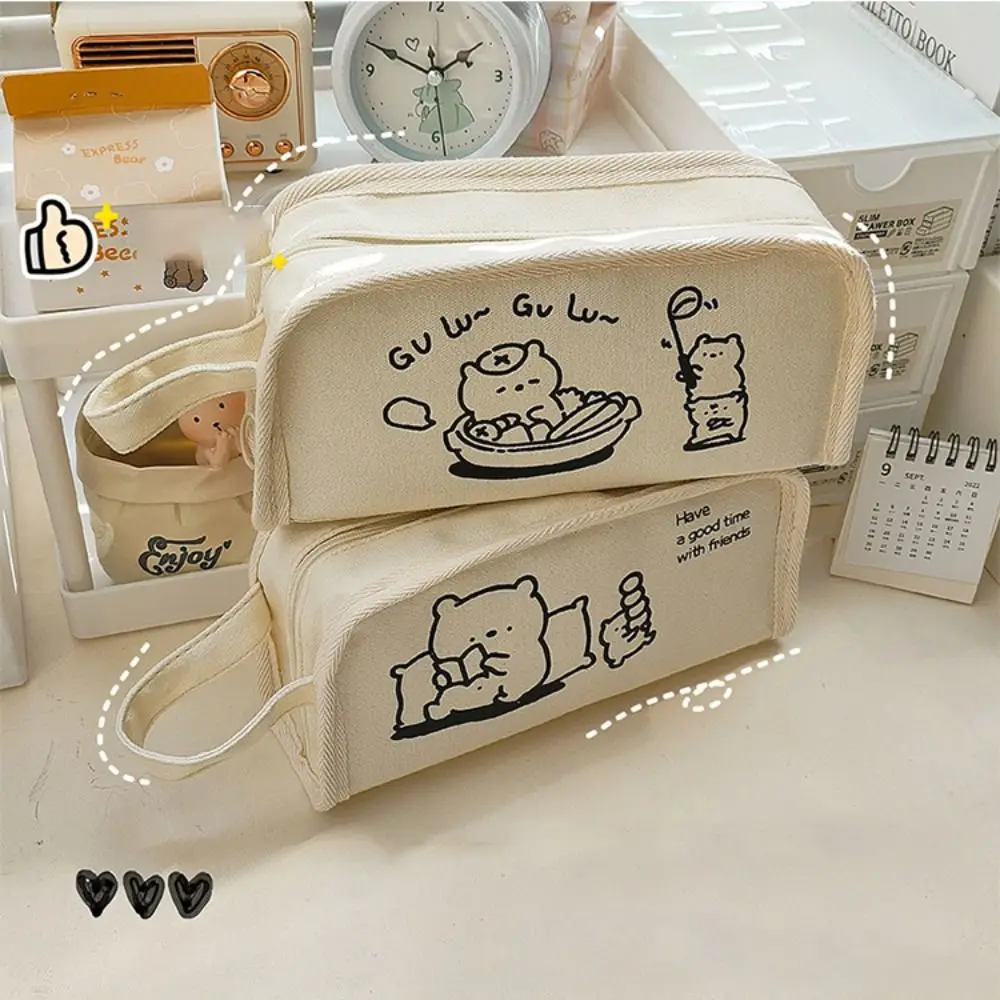 New Canvas Pen Bag Cartoon Portable Cosmetic Bag Multi-function Large Capacity Stationery Bag