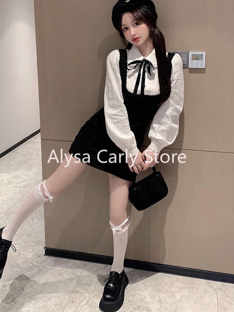 2023 Autumn Fake Two Dress Women Sexy Korean Elegant Party Bodycon Dress Female Slim Chic Long Sleeve Bow Casual Y2k Mini Dress