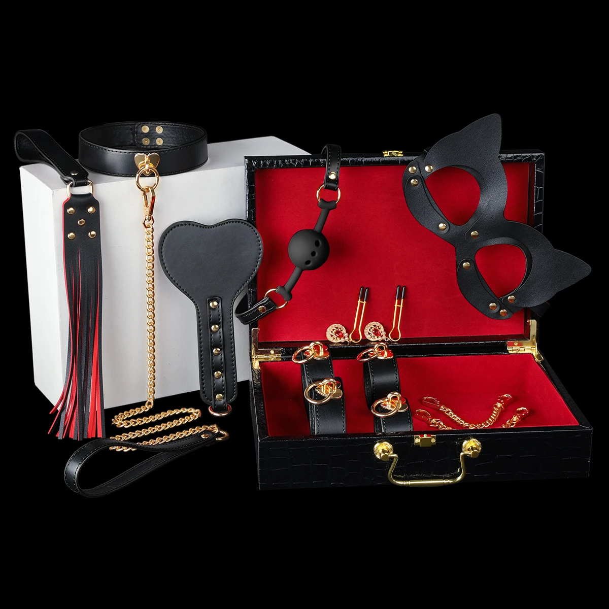 مجموعة عبودية جلدية مكونة من 8 قطع BDSM مع حافظة قيود ألعاب الجنس للبالغين معدات عبودية غريبة للأزواج