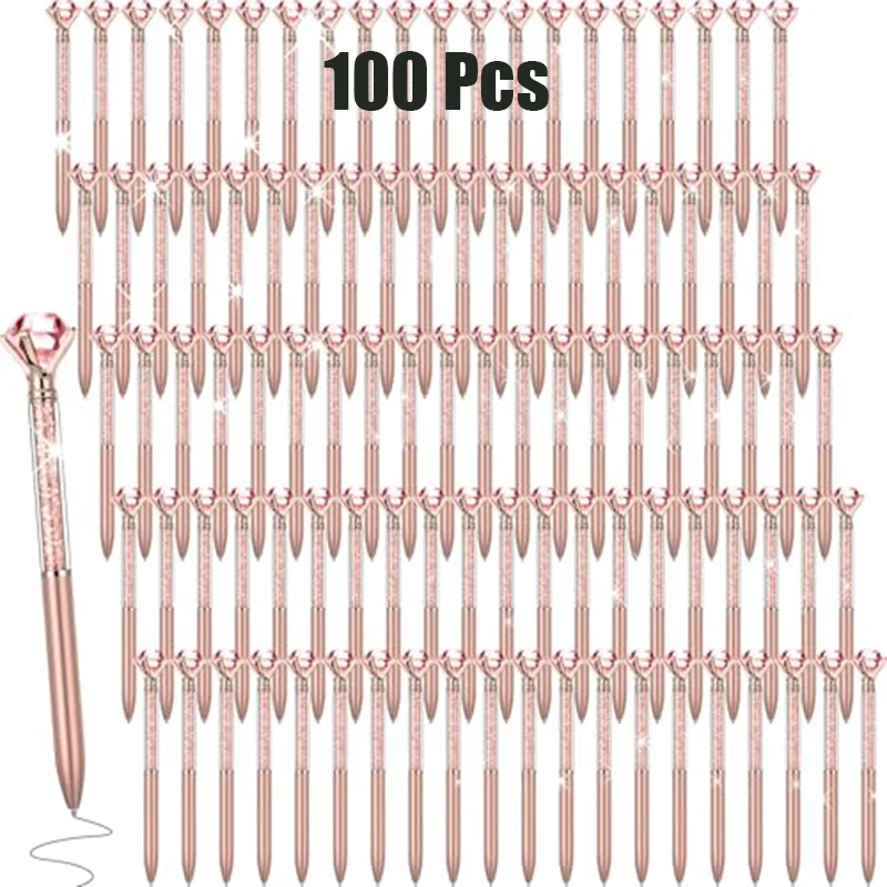 100 Pcs Rose Gold Diamond Top Glitter Quicksand Ballpoint Pens, Floating Pink Rhinestone Plastic Pens, Smooth Black Ink