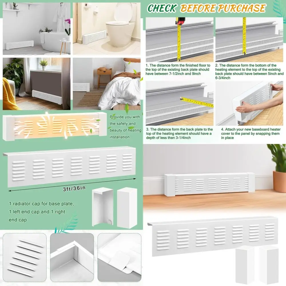

White 3-Section Baseboard Heater Cover with Left and Right Ends for Radiator or Hydronic Systems in Bathrooms