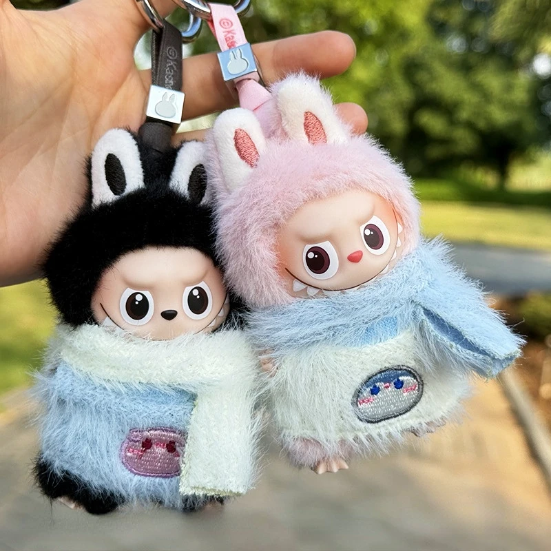 

10CM Mini Labubu 4.0 Doll Outfit Plush Blue Scarf Onesie With Penguin & Pig Design