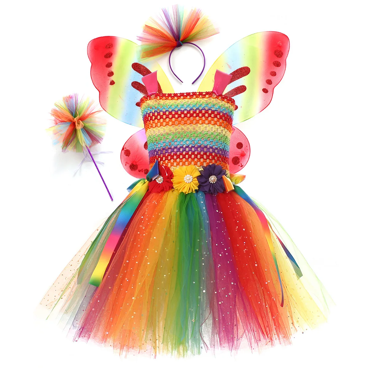 Girls Rainbow Candy Tutu With Wings Halloween Party Handmade Princess Costume Kid Stage Performance Outfits Carnival Fancy Dress
