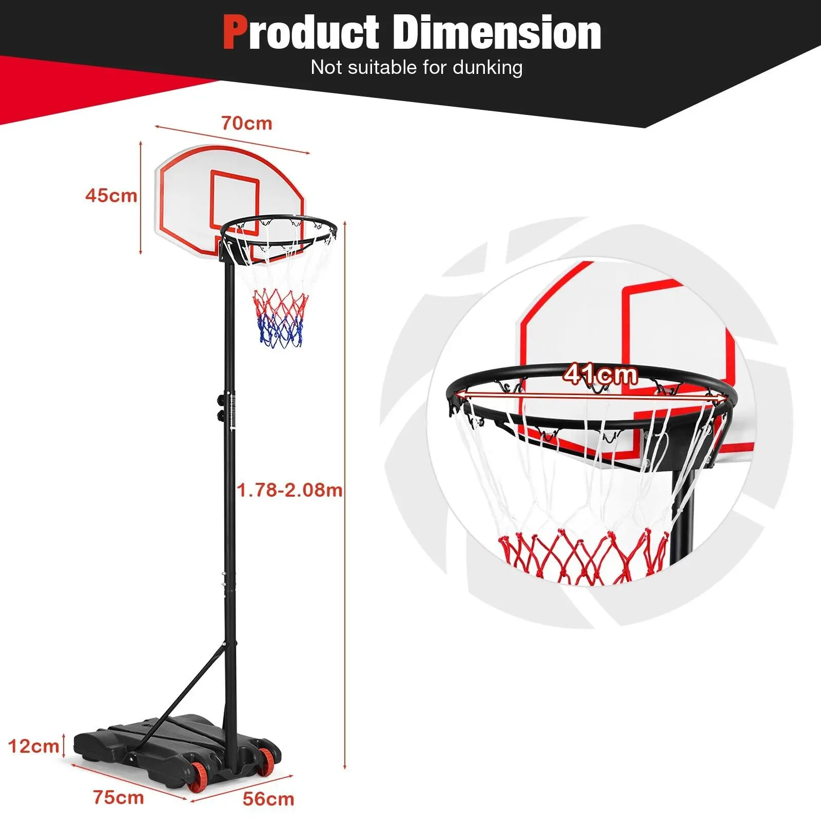 DORTALA Portable Basketball System, 1.78-2.08 m Height Adjustable Basketball Goal System