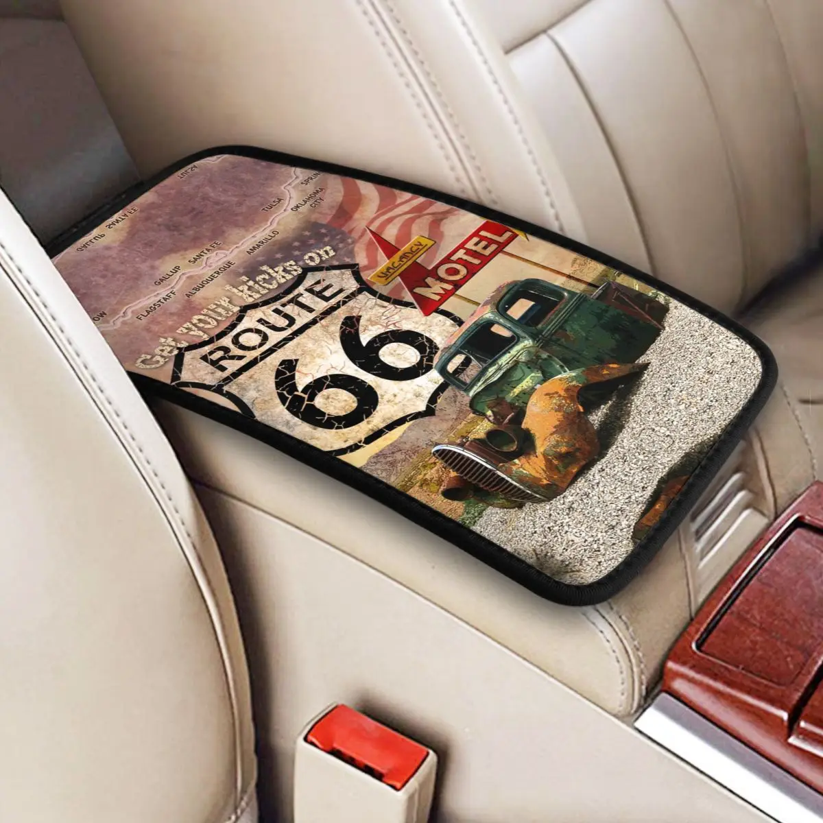 Custom Armrest Box Pad Get Your Kicks On Route 66 Car Center Console Protection Cover Mat USA Highways Road Sign Car Accessories