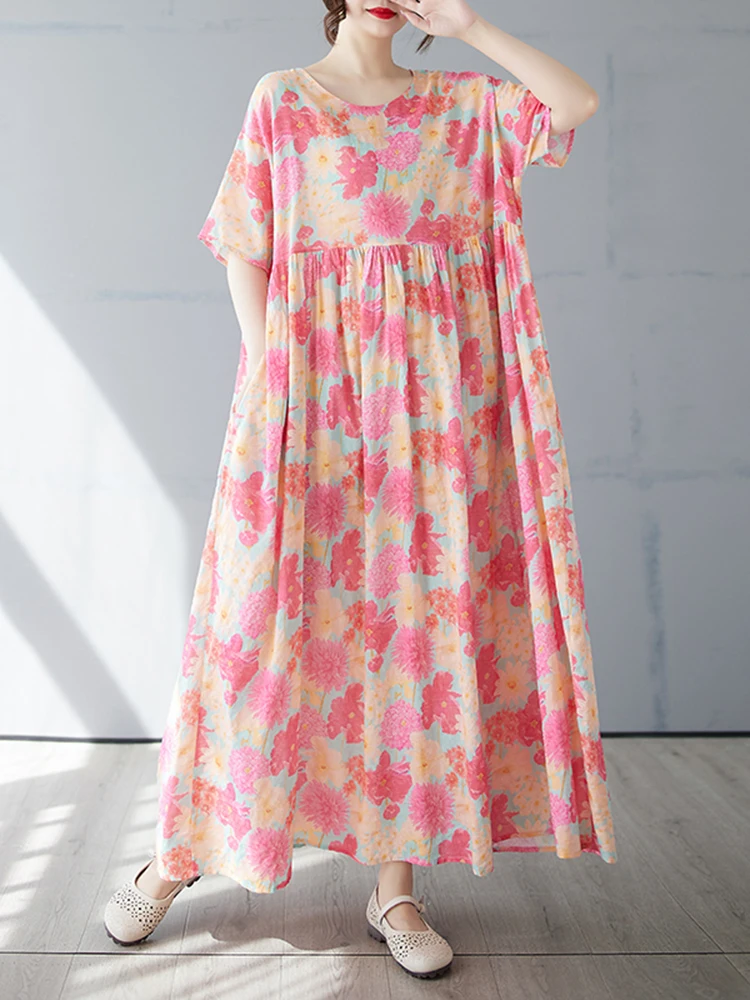 Oversized Cotton Short Sleeve Vintage Floral Print Dresses For Women Summer New In Loose Casual Long Dress Elegant Clothing 2025