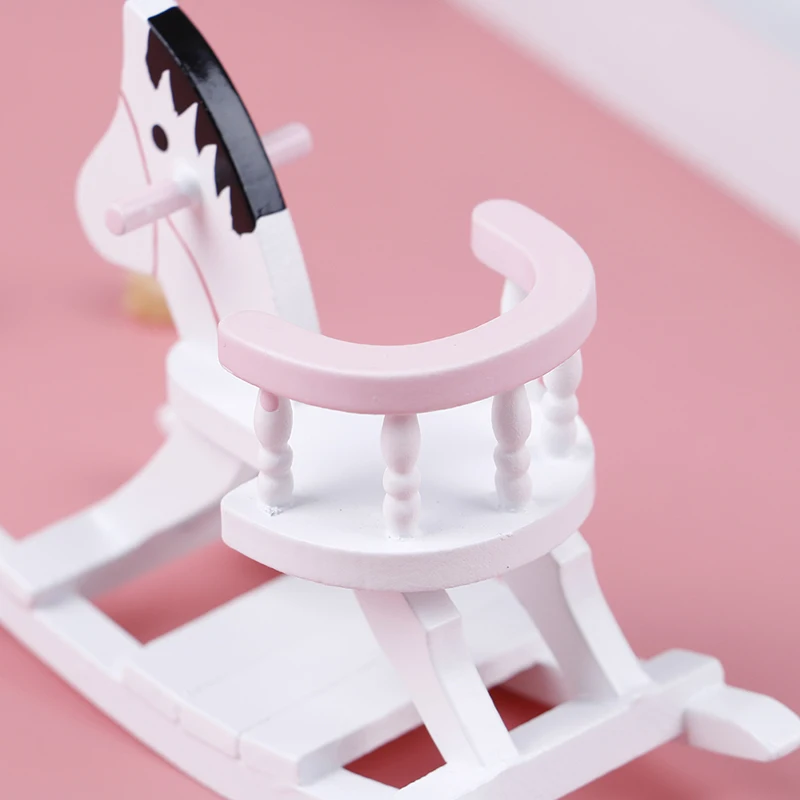 1:12 casa de bonecas em miniatura de madeira branca cadeira de cavalo de balanço brinquedos móveis