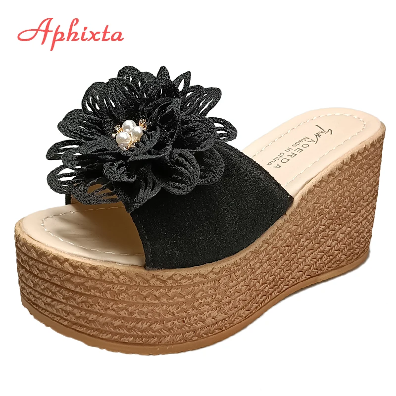 Aphixta luksusowe perły kryształy aplikacje buty kobieta klapki klapki 9cm Wedge Heel platforma kobieta plaża slajdy duży rozmiar 43