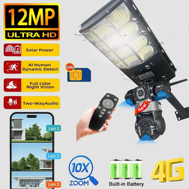 태양광 카메라 LED 가로등 4G 심카드 3렌즈 V380 프로 PIR 인체 감지 보안 알람 CCTV 야간 투시 야외 녹화기