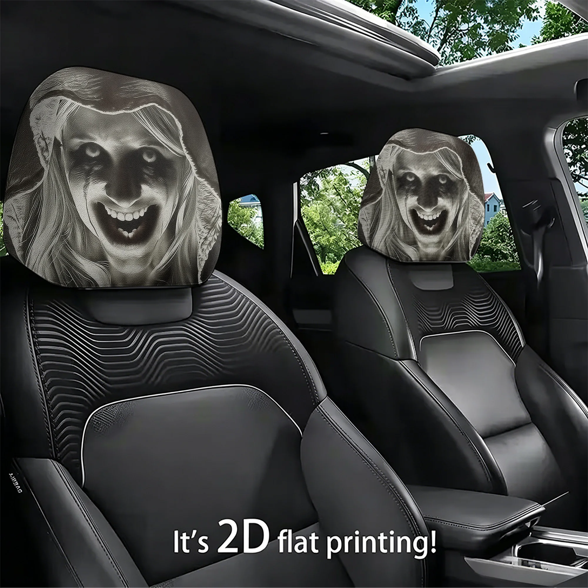 2pcs Horror-Themed Car Headrest Covers—add a spooky vibe to your car’s interior. Filling not included. Easy to install.