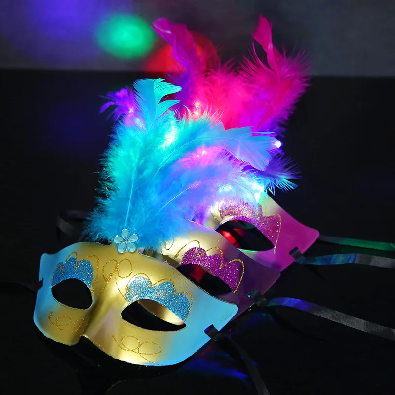 12pcs Party Halloween  Glow Feather Mask Flash Bar Prom  Parade Mardi Gras Dress Up Costume Wedding Festival