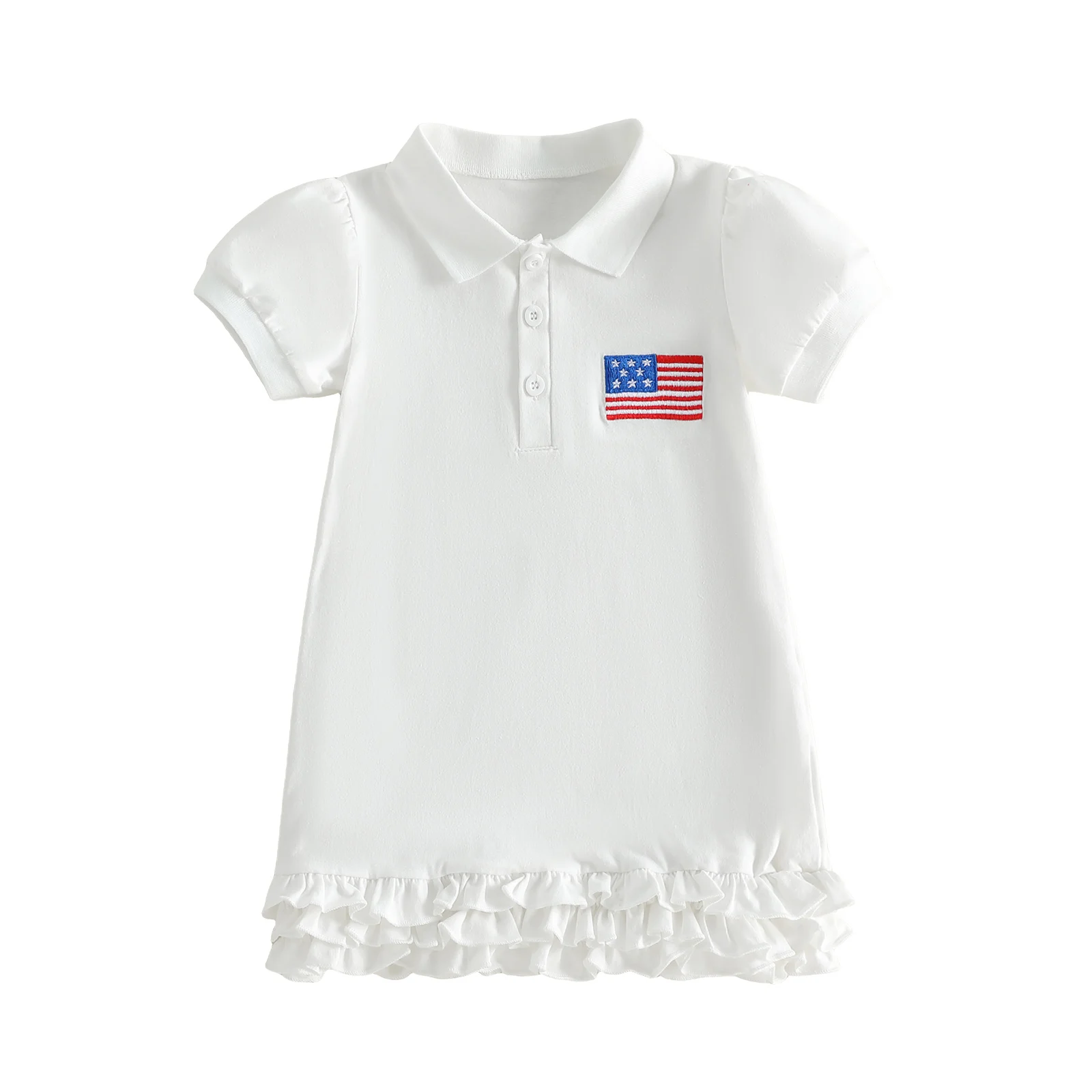 Toddler Baby Girl 4th of July Dress American Flag Patch Embroidered Ruffled Trim A Line Button Collared Short Sleeve Dress