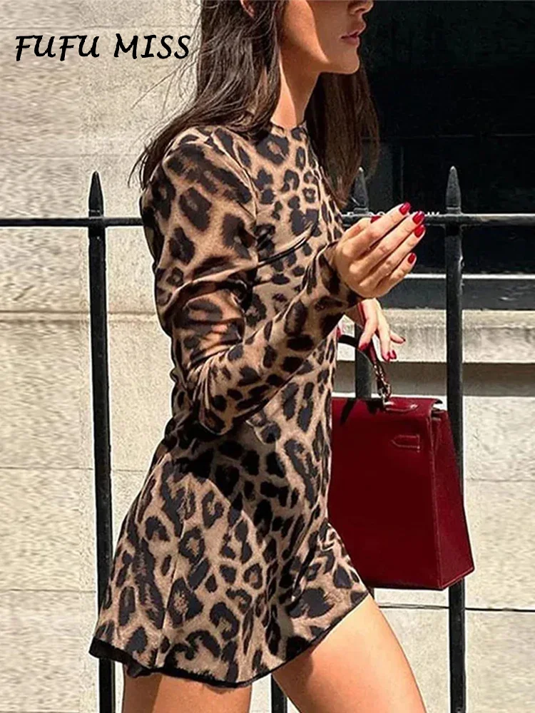Women Sexy Leopard Print Mini Dress Slim O-neck Long Sleeve Fashion Summer Dresses 2024 Vintage High Street Lady High Streetwear