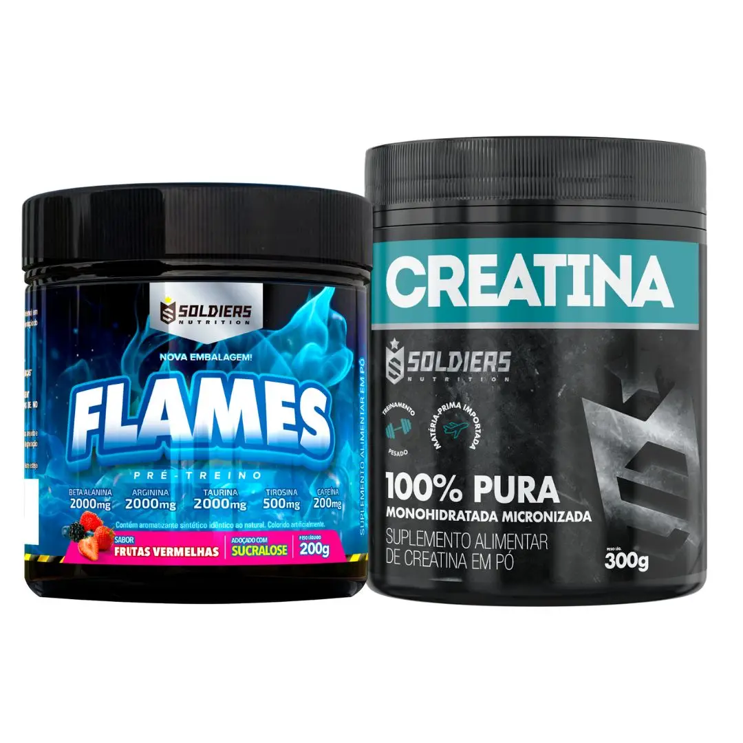 Kit: Creatine Monohydrate Pot 300g Pure 100% + Pre-Workout Flames 200g - Soldiers Nutrition