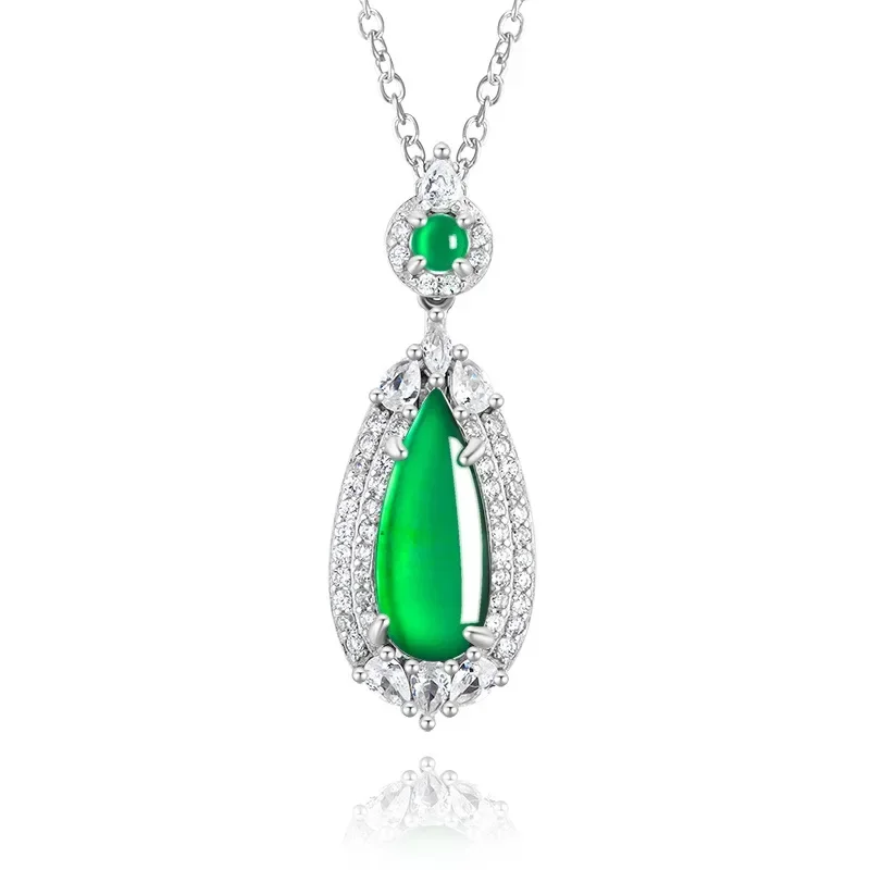 

High-end Natural A Grade Jadeite Sun Green Water Drop Pendant S925 Silver Icy Women's Balm Necklace Fashion Charm Jewelry