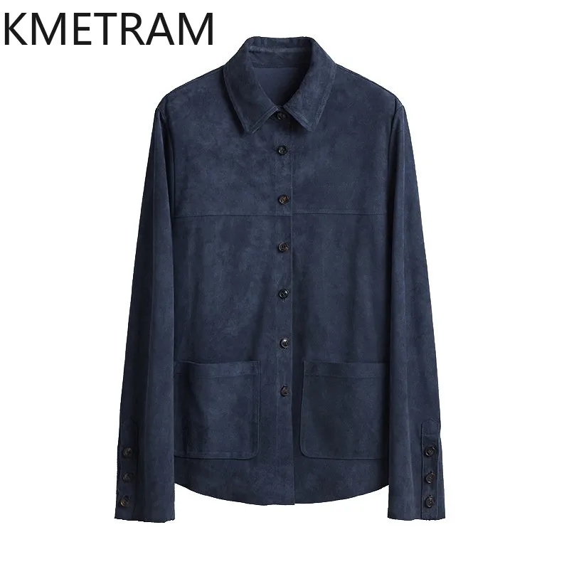 KMETRAM Crossbreed Sheep Suede Leather Coat Cargo Shirt-style Jackets of Woman Lapel Genuine Leather Jacket Woman Outerwear 자켓