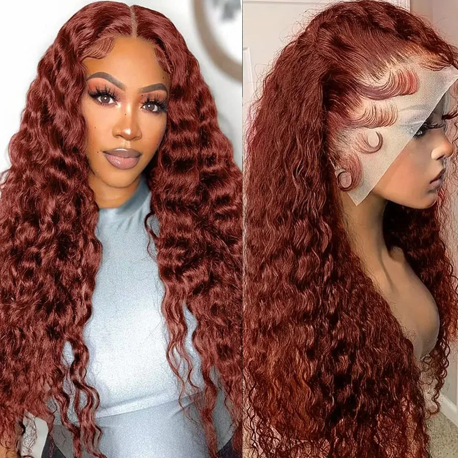 32 34Inch Reddish Brown Deep Curly Pre Cut Human Hair Wigs 13x4 13x6 Deep Wave Lace Frontal Wig HD Fall Color Wigs For Women