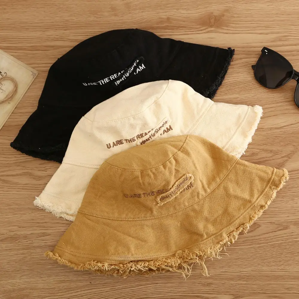 

Japanese Summer Letter Embroidery Soild Color Cotton Female Hat Korean Style Cap Bucket Hat Fashion
