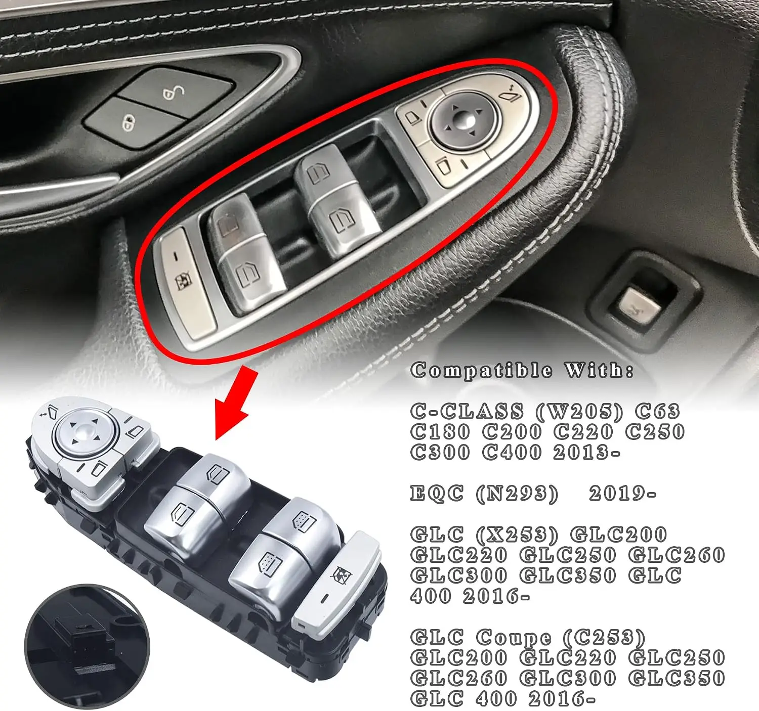Interruptor de Janela W205 para Mercedes Benz GLC W253 W213 W222 Classe C E, Revestimento Eletroplástico à Prova de Descolamento A2229056800 2059056811 Acessórios para Carro