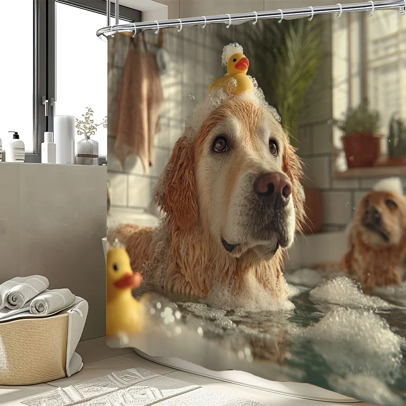 Funny Dog Bath Scene Shower Curtain Cute Golden Retriever Puppy Bubble Bathroom Decor Waterproof Shower Curtain