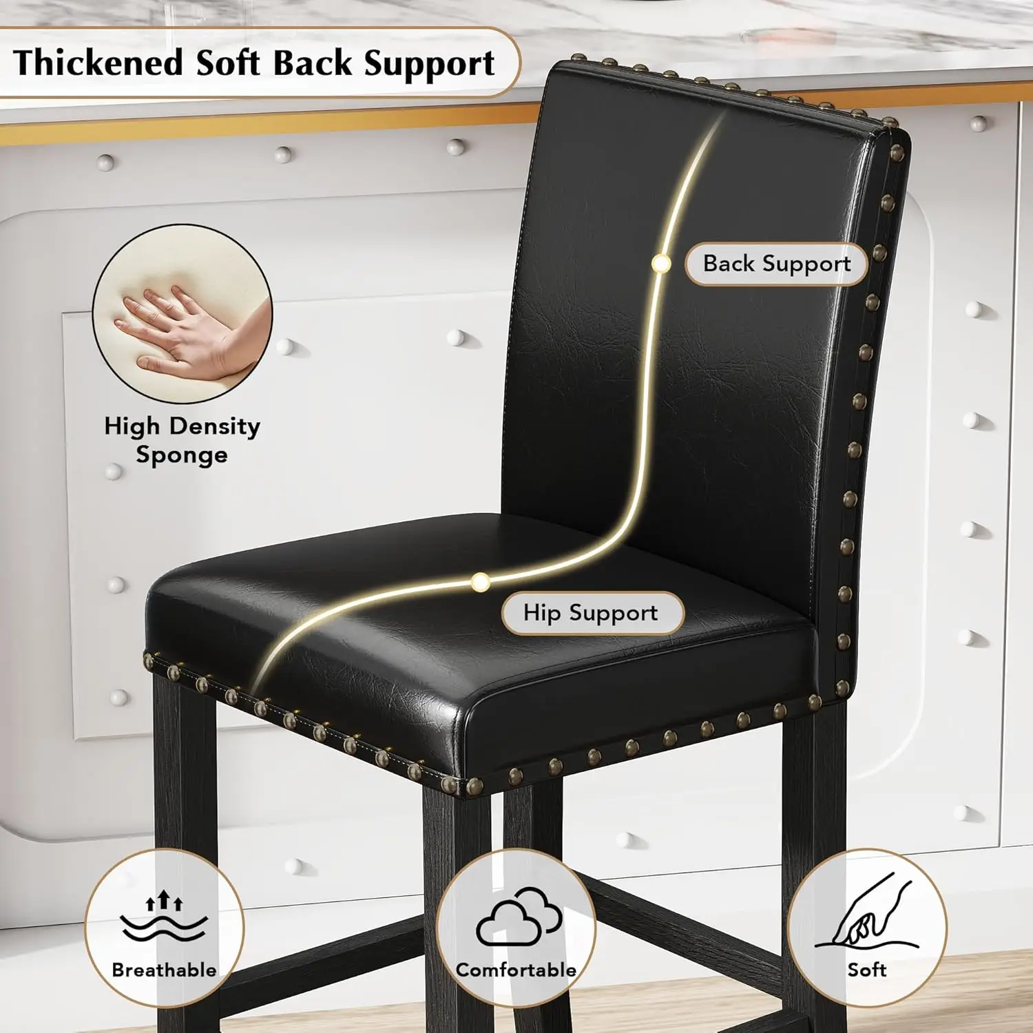 Conjunto de 4 bancos de bar de 24', altura de balcão com encosto, pernas de madeira, estofados em couro PU, preto