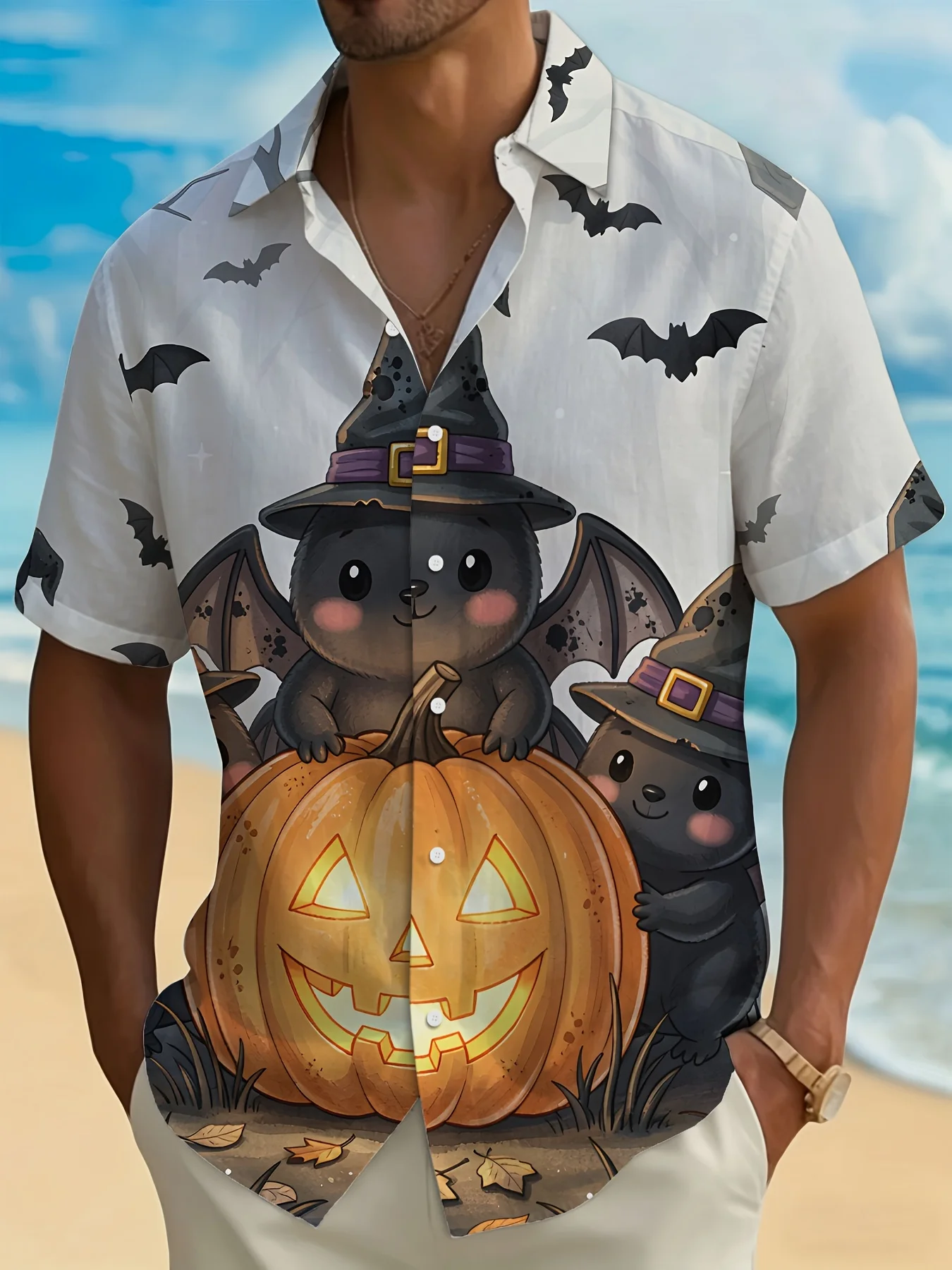 Men Halloween Cute Bat Witch Hat Pumpkin Print Short Sleeve Shirt Lapel Collar Button‑Up Polyester Party Blouse