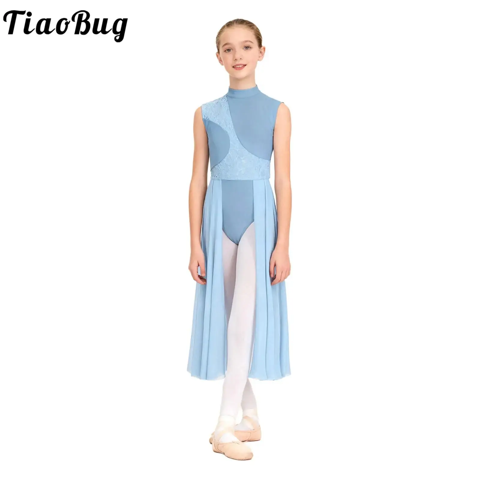 Kids Girls Lyrical Rhythmic Latin Dance Stage Performance Costume Mock Neck Lace Patchwork Cutout Back Sleeveless Leotard Dress
