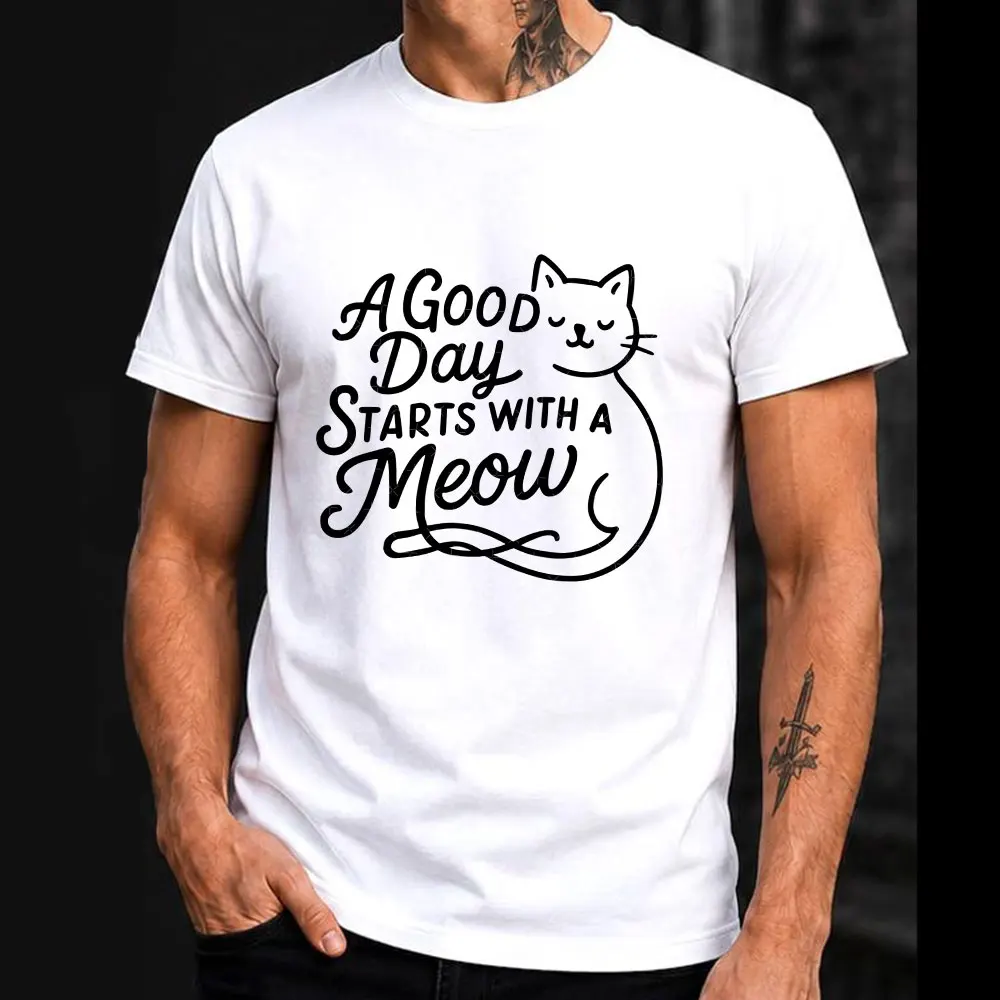Un buen día comienza con un miau # 2_ Camiseta ajustada 100% algodón con estampado, ropa gráfica de manga corta para hombre, tops de todas las tallas